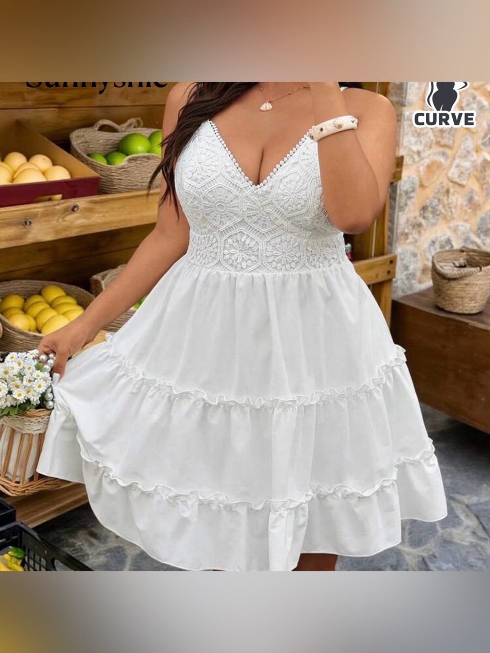 SHEIN White Crochet V-Neck Tiered Mini Dress